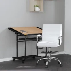 Merrick Lane Mid-Back Drafting Chair With Adjustable Foot Ring Faux Leather Upholstered Swivel Chair With Chrome Base