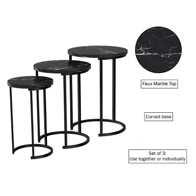 Hastings Home End Tables With Faux Marble Top And Black Metal Base Nesting Tables, Black, Set Of 3 4 Hastings Home End Tables With Faux Marble Top And Black Metal Base Nesting Tables, Black, Set Of 3 - Image 2