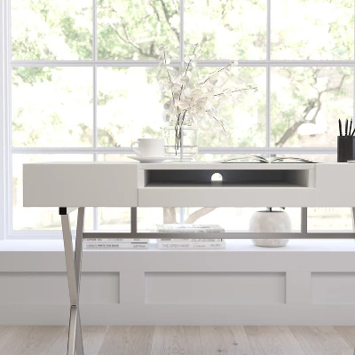 Merrick Lane Computer Desk Contemporary Granite White Writing Desk With Metal Crisscross Frame, Keyboard Tray And 2 Box Drawers 6 Merrick Lane Computer Desk Contemporary Granite White Writing Desk With Metal Crisscross Frame, Keyboard Tray And 2 Box Drawers - Image 4