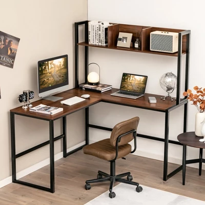 Costway 55''L-Shaped Desk Corner Computer Desk Writing Workstation Table W/Hutch 3 Costway 55''L-Shaped Desk Corner Computer Desk Writing Workstation Table W/Hutch