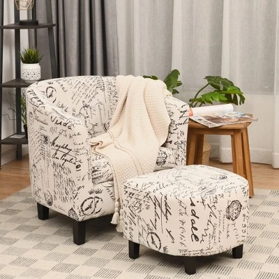Costway Barrel Modern Accent Tub Upholstered Chair French Print W/ Ottoman 4 Costway Barrel Modern Accent Tub Upholstered Chair French Print W/ Ottoman - Image 2