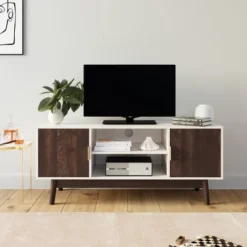 43" Wesley Wood Mid Century 2 Door TV Cabinet For TVs Up To 59" White/Warm Walnut - Nathan James