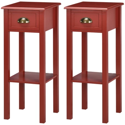 HOMCOM 2-Tier Side Table With Drawer, Narrow End Table With Bottom Shelf, For Living Room Or Bedroom, Set Of 2, Red 5 HOMCOM 2-Tier Side Table With Drawer, Narrow End Table With Bottom Shelf, For Living Room Or Bedroom, Set Of 2, Red - Image 3