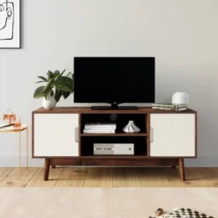 43" Wesley Wood Mid Century 2 Door TV Cabinet For TVs Up To 59" Medium Walnut/ Matte White - Nathan James