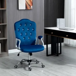 Vinsetto Home Office Chair, Velvet Computer Chair, Button Tufted Desk Chair With Swivel Wheels, Adjustable Height, And Tilt Function, Blue