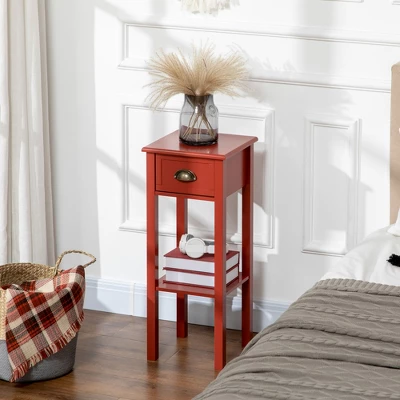 HOMCOM 2-Tier Side Table With Drawer, Narrow End Table With Bottom Shelf, For Living Room Or Bedroom, Set Of 2, Red 3 HOMCOM 2-Tier Side Table With Drawer, Narrow End Table With Bottom Shelf, For Living Room Or Bedroom, Set Of 2, Red