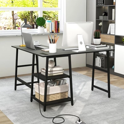 Costway L Shaped Corner Computer Desk Study Table W/Storage Shelves Black/Rustic Brown 6 Costway L Shaped Corner Computer Desk Study Table W/Storage Shelves Black/Rustic Brown - Image 4