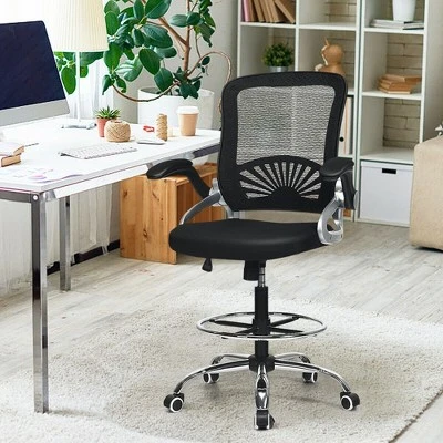 Costway Mesh Drafting Chair Mid Back Office Chair Adjustable Height Flip-Up Arm Black 6 Costway Mesh Drafting Chair Mid Back Office Chair Adjustable Height Flip-Up Arm Black - Image 4