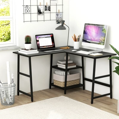 Costway L Shaped Corner Computer Desk Study Table W/Storage Shelves Black/Rustic Brown 3 Costway L Shaped Corner Computer Desk Study Table W/Storage Shelves Black/Rustic Brown