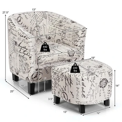 Costway Barrel Modern Accent Tub Upholstered Chair French Print W/ Ottoman 3 Costway Barrel Modern Accent Tub Upholstered Chair French Print W/ Ottoman