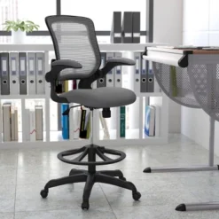 Flash Furniture Mid-Back Mesh Ergonomic Drafting Chair With Adjustable Foot Ring And Flip-Up Arms
