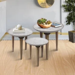 Set Of 3 Mango Wood Bowl Top Side End Coffee Tables With Angled Tripod Base White/Brown - The Urban Port -Homcom Furniture Shop GUEST b70b79c9 40a6 468c 8dba 6b8bb06db614
