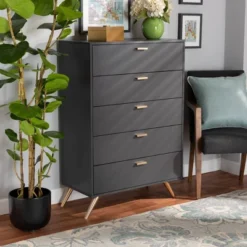 Kelson Wood 5 Drawer Chest Dark Gray/Gold - Baxton Studio -Homcom Furniture Shop GUEST ba7266d0 7218 4369 9ffb 827bcc1929d3