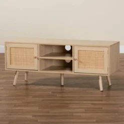 Sebille Wood With Natural Rattan 2 Door TV Stand For TVs Up To 45" Light Brown - Baxton Studio -Homcom Furniture Shop GUEST bad1c627 d564 4e7c 8b86 cdb686f59b59