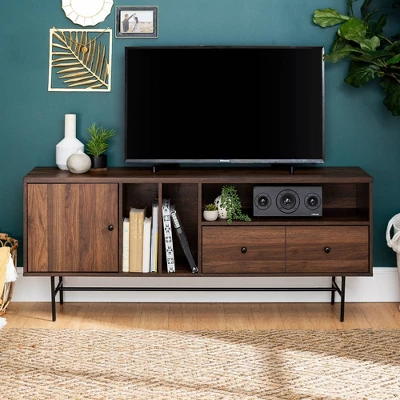 Modern Vinyl Record Player Storage TV Stand For TVs Up To 65" Dark Walnut - Saracina Home 4 Modern Vinyl Record Player Storage TV Stand For TVs Up To 65" Dark Walnut - Saracina Home - Image 2