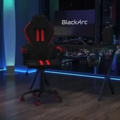 BlackArc High Back Gaming Chair With Red And Black Faux Leather Upholstery, Adjustable Swivel Seat And Padded Flip-Up Arms