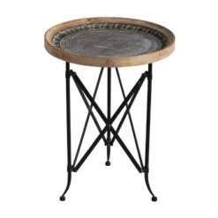Classic Vintage Wood And Metal Round Side Table Natural/Black - A&B Home