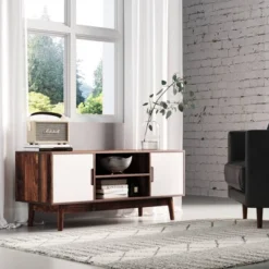 43" Wesley Wood Mid Century 2 Door TV Cabinet For TVs Up To 59" Medium Walnut/ Matte White - Nathan James -Homcom Furniture Shop GUEST ebb208f9 2e9d 4c31 bb13 49c2ae3af83c